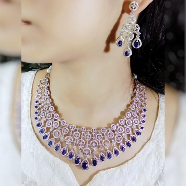 Royal Blue Elegance American Diamond Necklace Set - Image 5