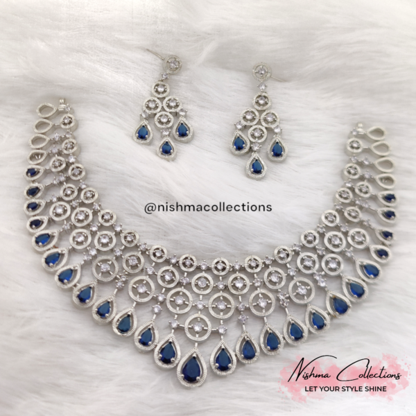 Royal Blue Elegance American Diamond Necklace Set - Image 4