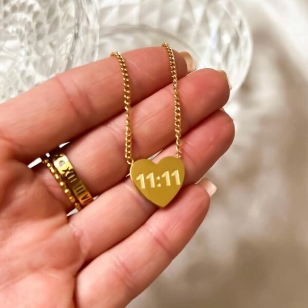 11:11 Engraved Heart Gold-Tone Necklace Pendant - Image 2