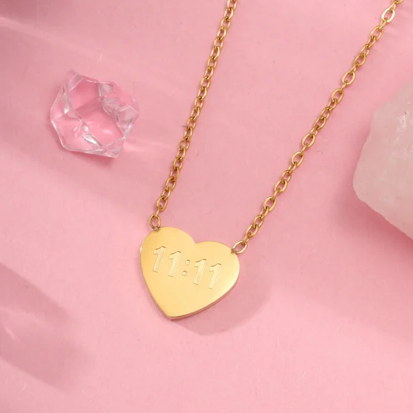 11:11 Engraved Heart Gold-Tone Necklace Pendant - Image 3